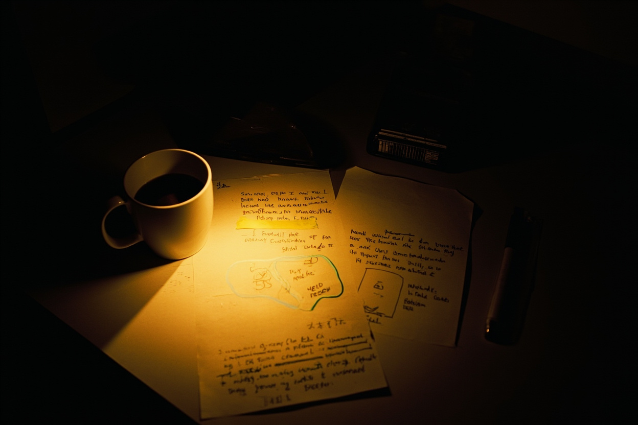 安靜的書桌,手寫管理筆記與標籤,暖色燈光,半杯咖啡